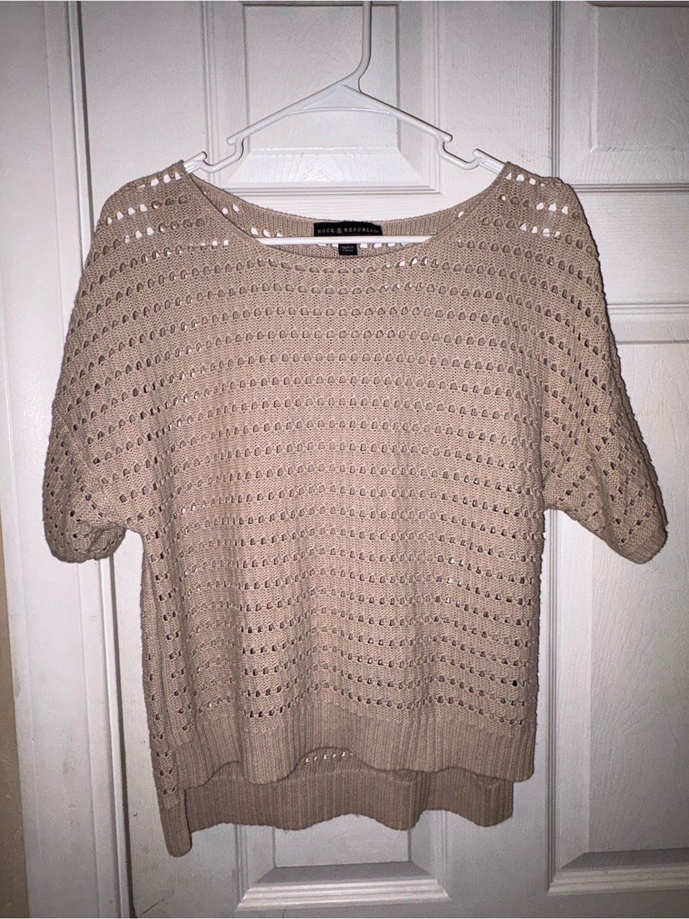 Rock & Republic Tan Crochet Short-Sleeve Scoop Neck Sweater